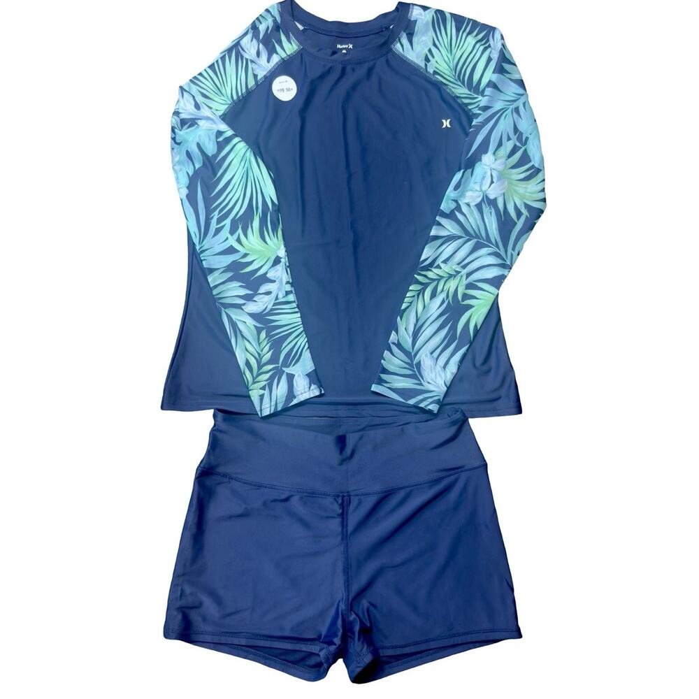 Hurley Women’s Rash Guard Swim Set Navy Tropical Palm UPF 50+ XXL
